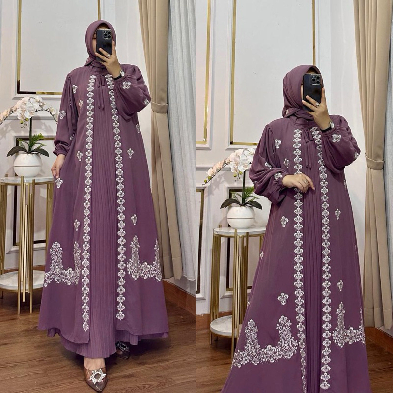 gamis sabrina bordir set jilbab segi empat mewah terbaru