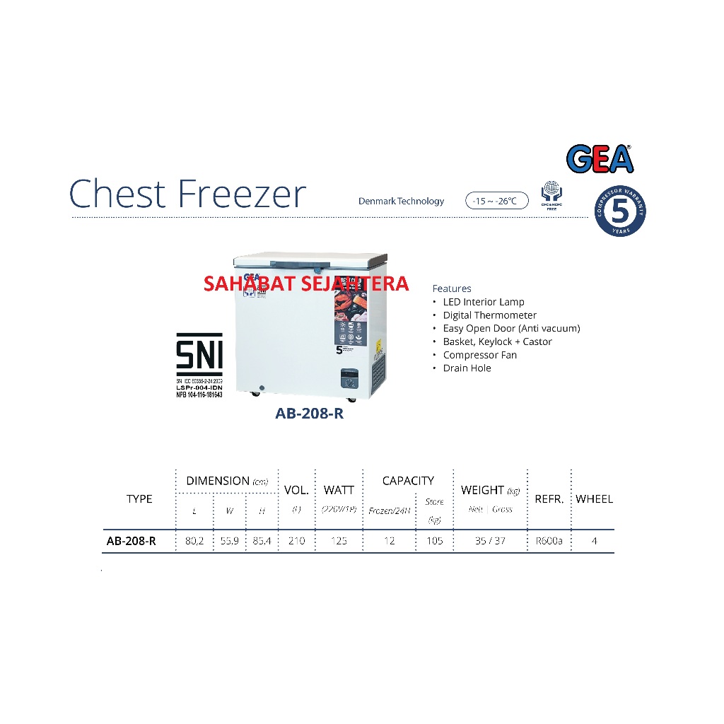 GEA Chest Freezer AB-208-R Freezer Box Kapasitas 210Liter