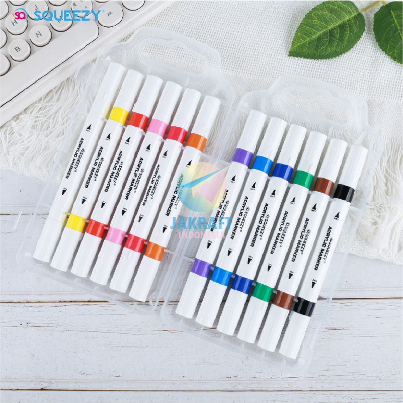 

(12 Pcs) Set Spidol Kuas Acrylic 2 in 1 Bullet & Brush Permanent Pen Marker 12 Warna SQUEEZY SA-SQ8812 Dual Tip Fine & Soft Permanen Segala Permukaan 2 Sisi Gelas Kertas Kaca Akrilik Lebih Pekat Opaque Tebal 2 mm