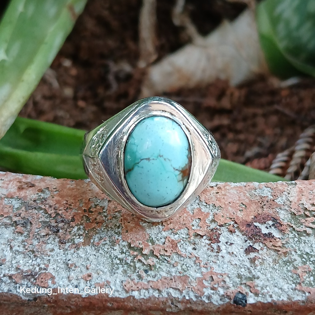 Cincin Pria Batu Pirus Persia Asli Natural Warna Telor Asin Ring Perak HM / Cincin Batu Pirus / Natu