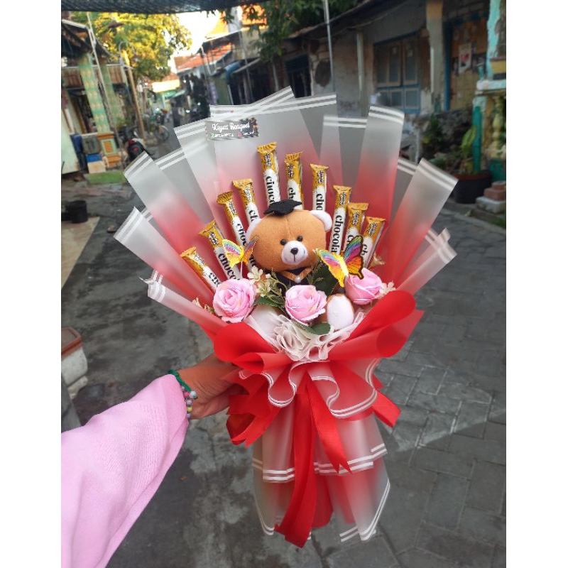 Buket Snack, Boneka dan Bunga,- Bouquet Snack Bunga Boneka.