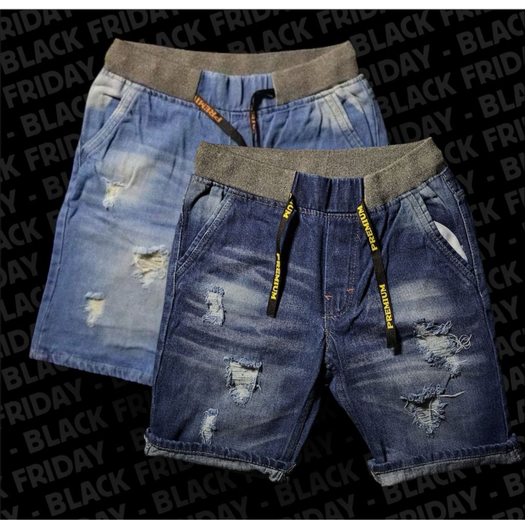 JEANS PENDEK PRIA FEIL DENIM -- Celana jeans pendek pinggang karet -- Celana jeans bahan denim robek
