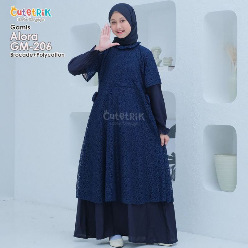 GAMIS REMAJA KOREAN STYLE KOMBINASI BROCCADE BROKAT ALORA BY CUTETRIK WARNA NAVY GAMIS ANAK TANGGUNG