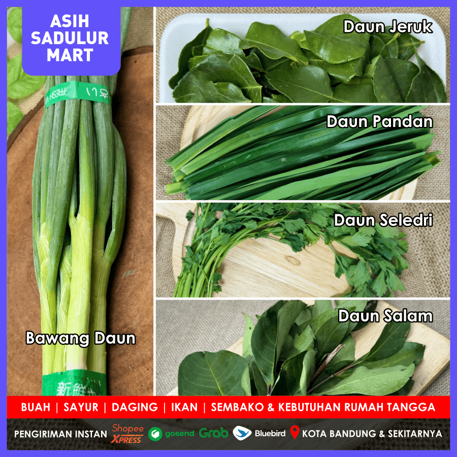 

Daun Bawang / Seledri / Jeruk / Salam / Pandan 50g & 100g Bumbu Dapur Promo Bandung | Asih Sadulur Mart