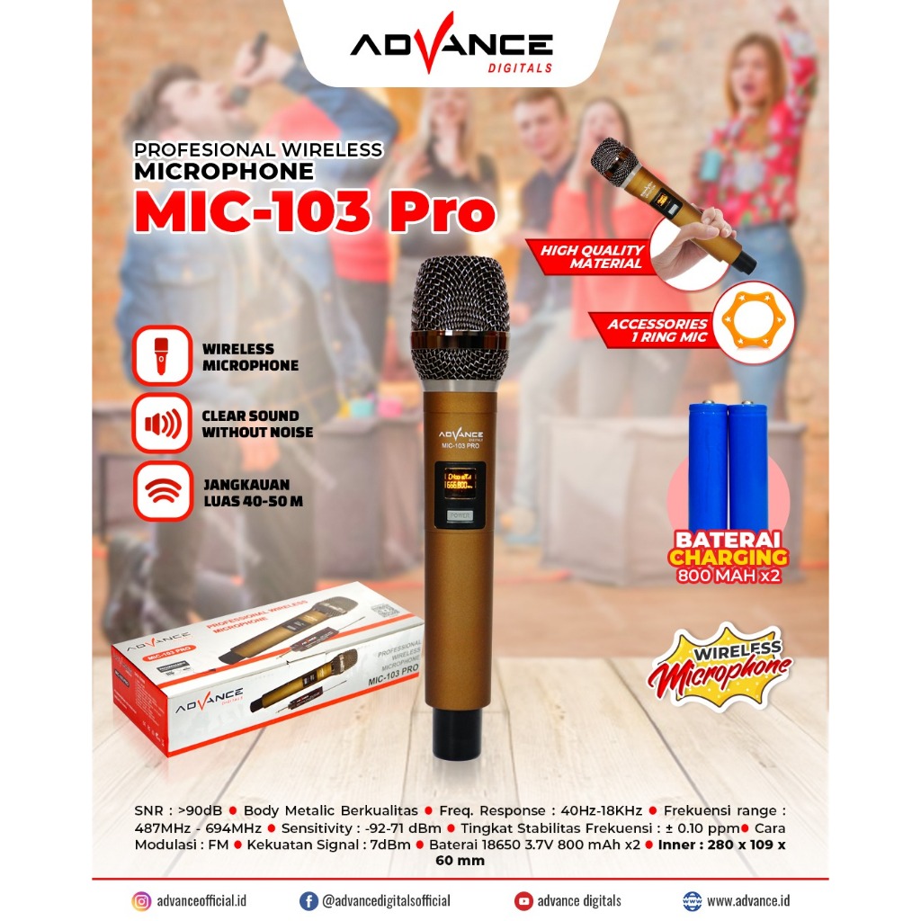 ADVANCE MIC-103 Pro Mikrofon Nirkabel Mikrofon Bluetooth Pengisian Ulang Baterai Digital