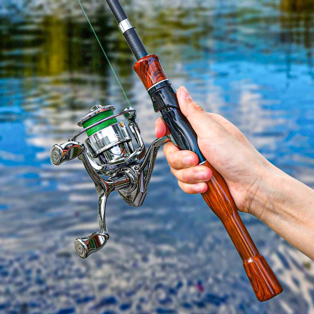 Joran Pancing Set Spinning Fishing Rod Wooden Handle Mini Telescopic Portable Fishing Rod 1.6M and