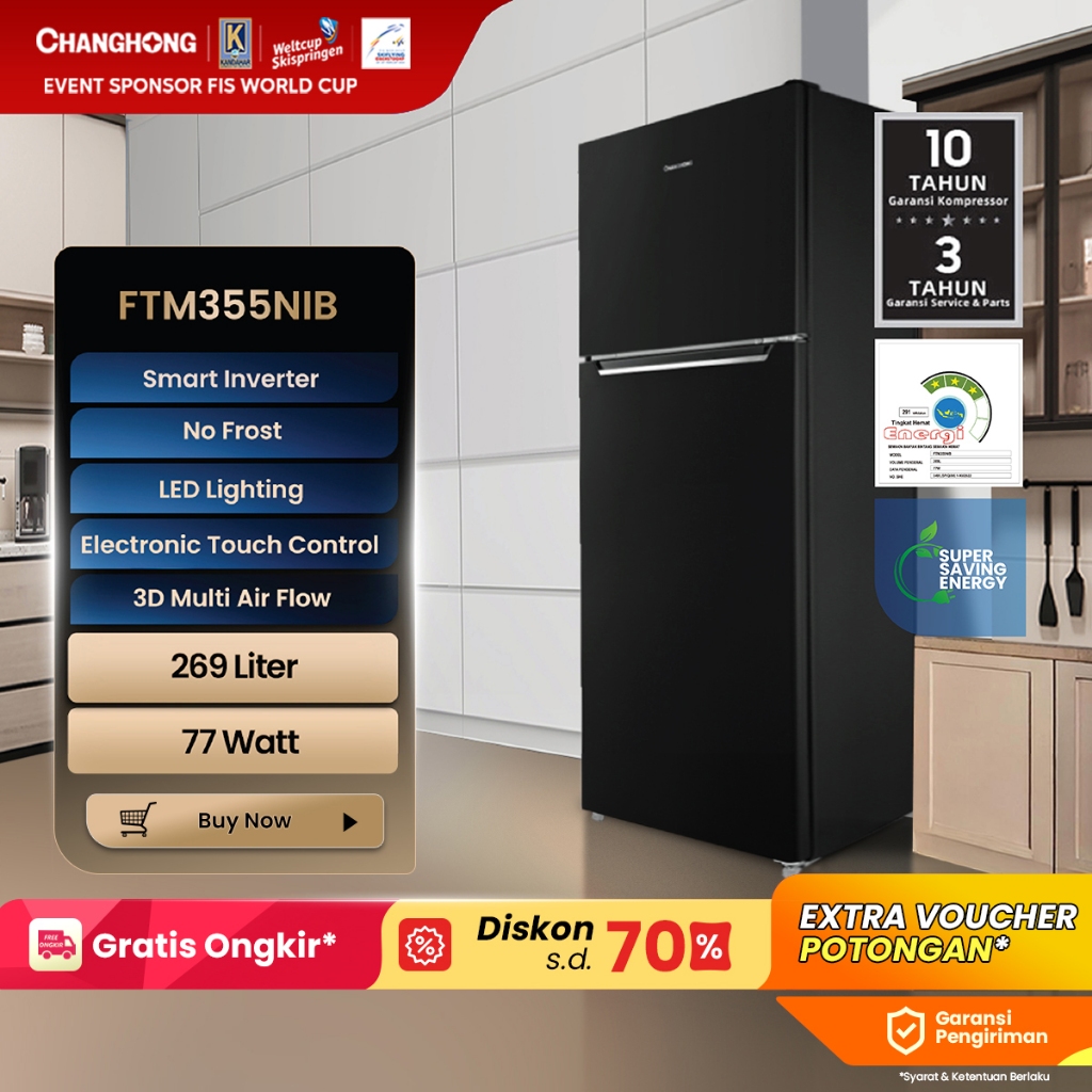 Changhong Kulkas 2 Pintu  (Refrigerator) kulkas Inverter No Frost tanpa Bunga Es Lemari Es Kapasitas