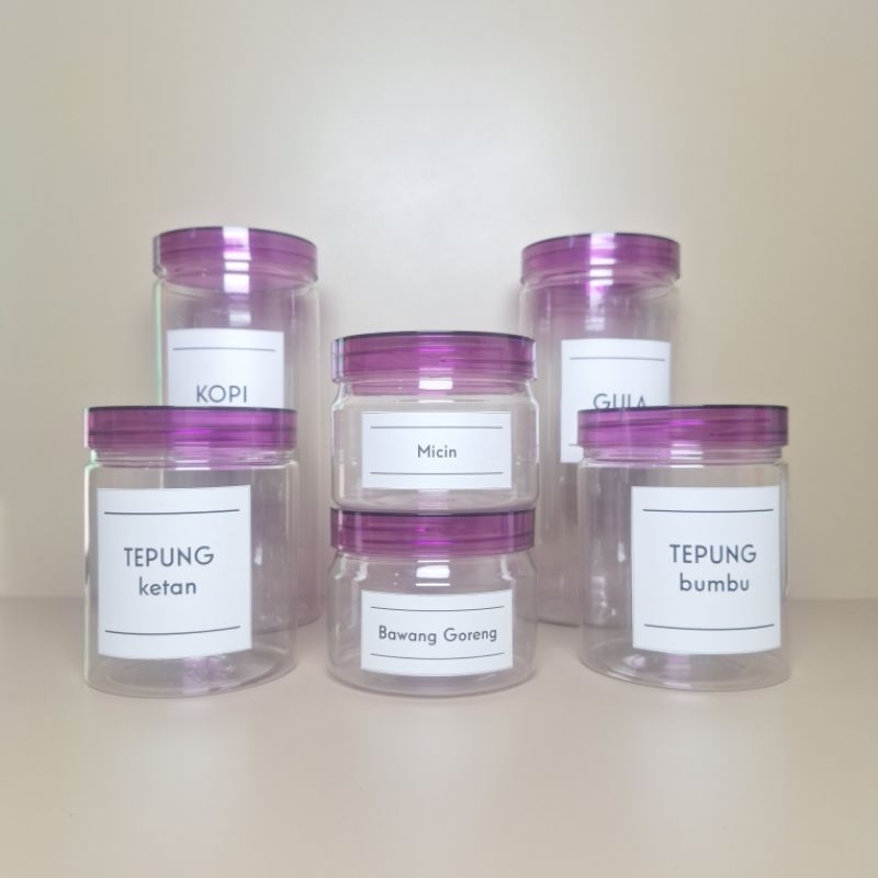 Toples Plastik Bumbu Dapur dengan Tutup PET Ungu Lavender Minimalis Gratis Stiker Dapur
