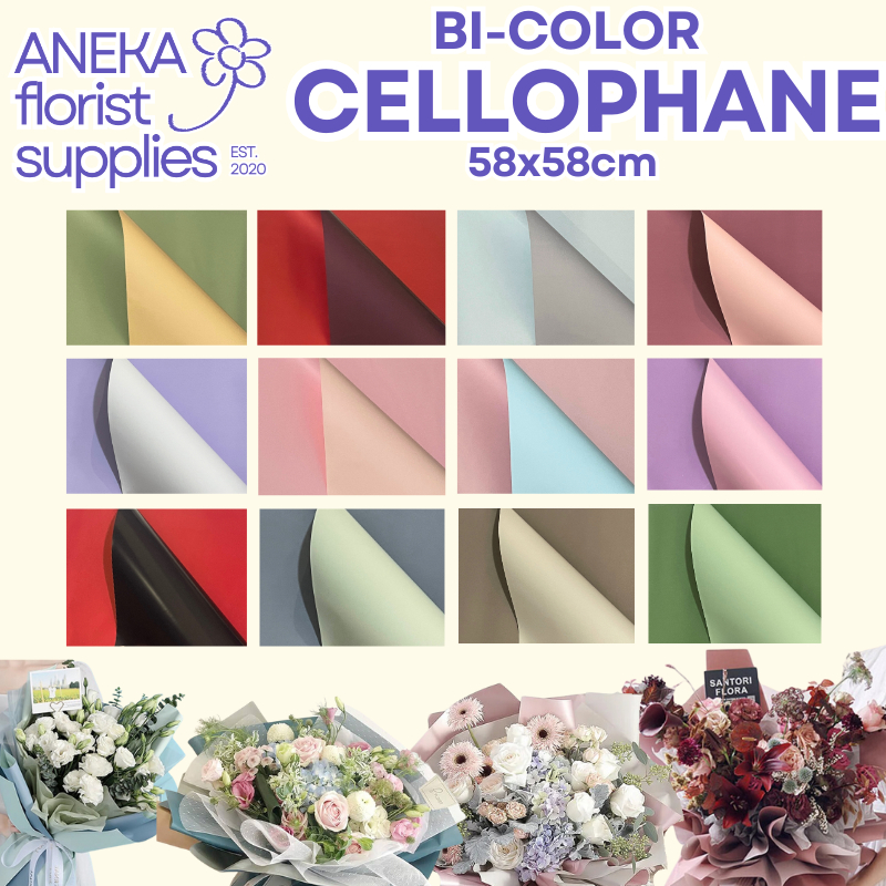 

[5 LEMBAR] Bi Color Full Color Cellophane Two Color Solid Dua Warna Flower Wrap ukuran 58 X 58cm Bicolor Kertas Bunga Wrapping Paper Waterproof SOLID Kertas Bunga Buket Warna Polos/Kertas Buket Bunga Florist Cellophane
