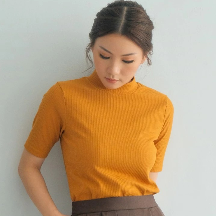 EMILY Turtleneck Lengan Pendek / Atasan Rajut Kerah Tinggi Lengan Pendek