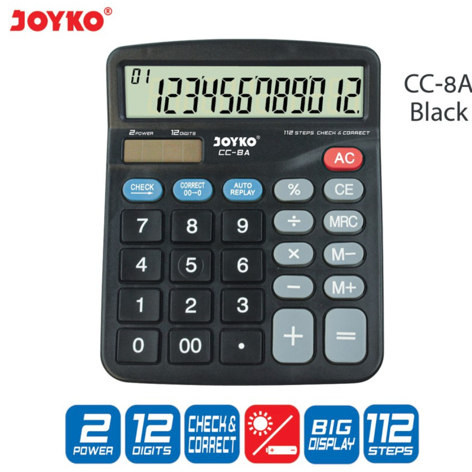 

( DAPAT 1 PCS ) KALKULATOR JOYKO CC-8A HITAM / Calculator Joyko CC-8A CC-8 Hitam / 12 Angka Digits