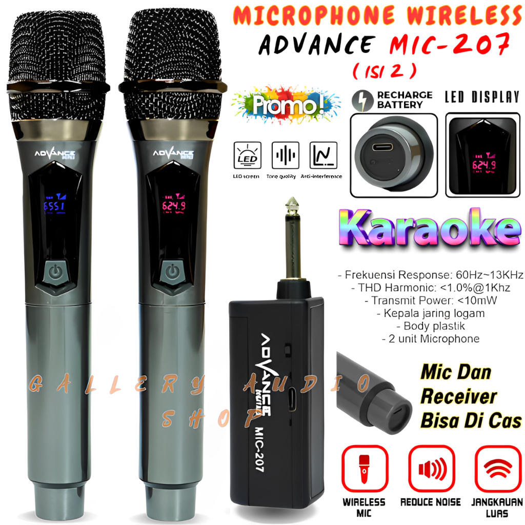 Promo Microphone Duet Karaoke Profesional ADVANCE MIC 206/207/208 [ Isi 2Pcs Mic Wireless ] | Mic Du