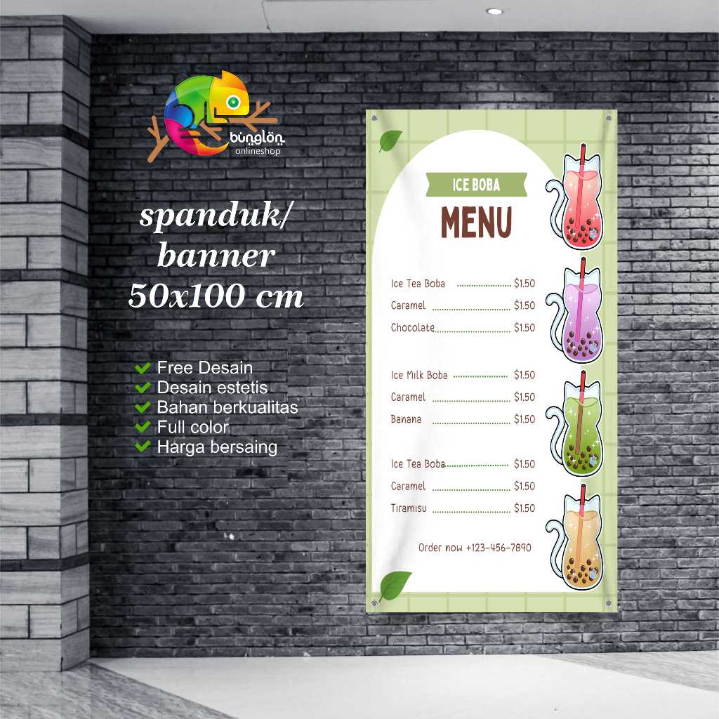 Cetak Spanduk Banner Sage Green Cute Illustrative Boba Drink Menu