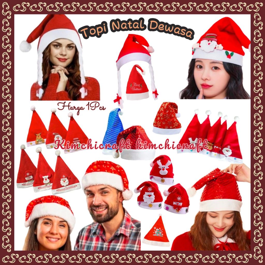 TOPI NATAL DEWASA PREMIUM BAHAN LEMBUT NON LED / TOPI NATAL POLOS / TOPI NATAL SABLON / TOPI NATAL 3