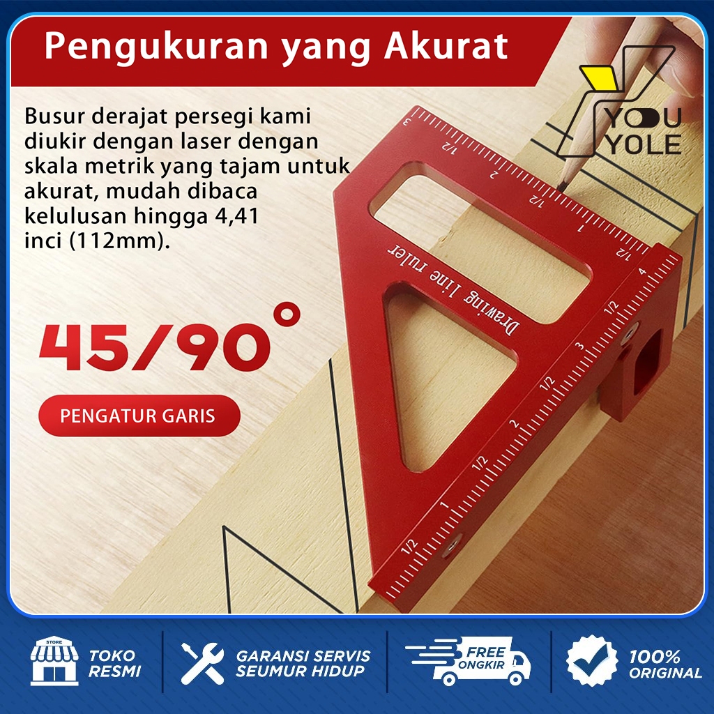 

（FLASH SALE)Penggaris Kayu Multifungsi 3D, Penggaris Pengukur Aluminium Multi-Sudut Busur 45/90°