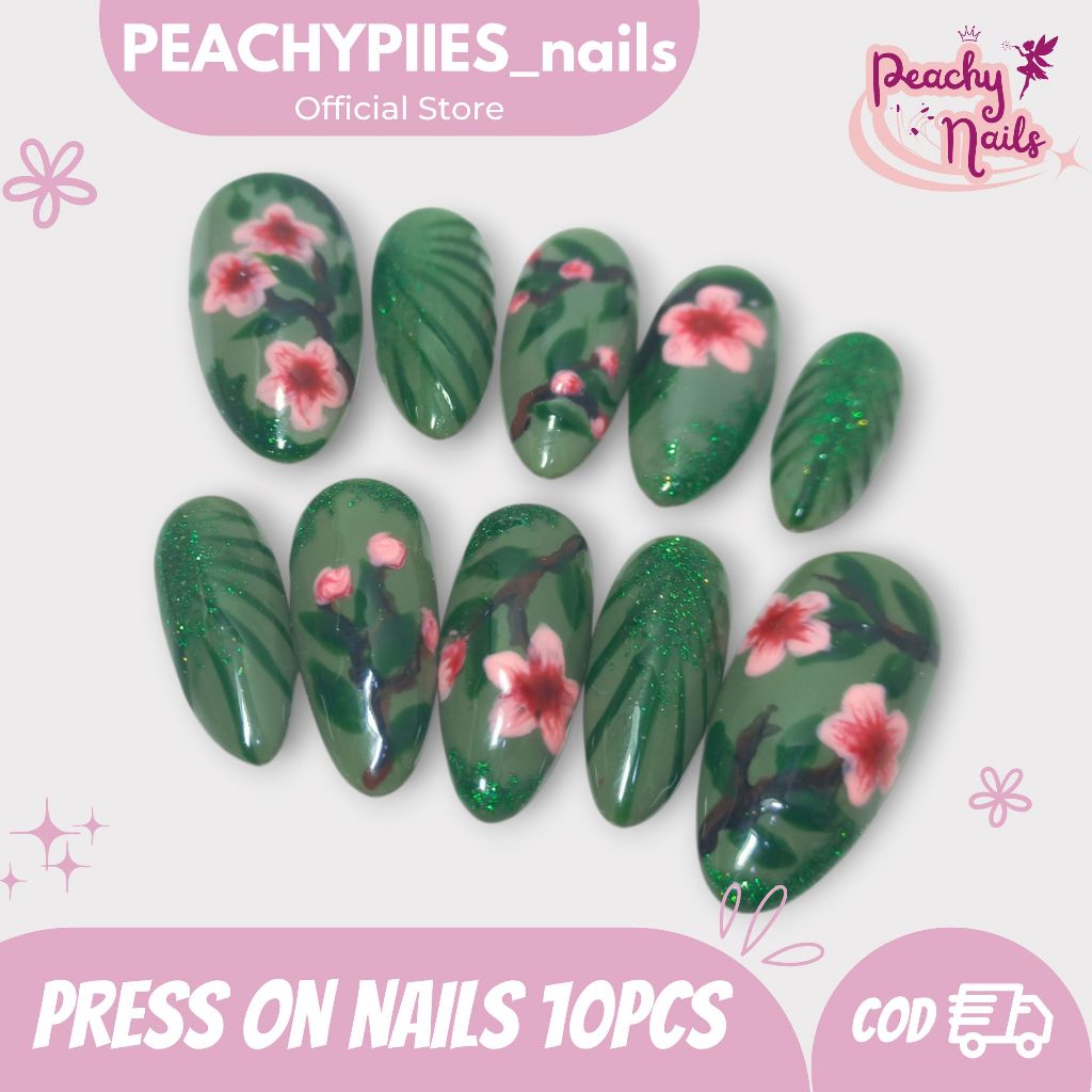 [PEACHYPIIES] Green sage blossom nail art press on nails