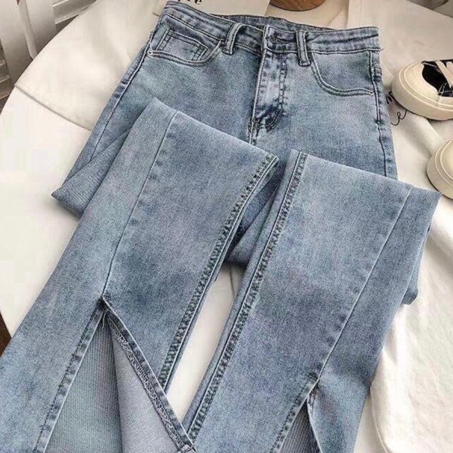 KP8 Beevalue Celana Jeans Panjang Wanita Hhwaist BootCut  CutBray Stretch Ngaret Motif Belah Depan B