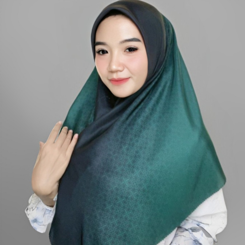 a&e exclusive – Hijab Segi Empat Motif Bunga Bahan Voal Adem Gradasi Hijau Botol