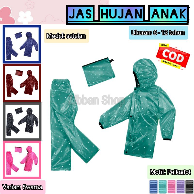 jas hujan anak sekolah, jas hujan anak anak, jas hujan motif polkadot