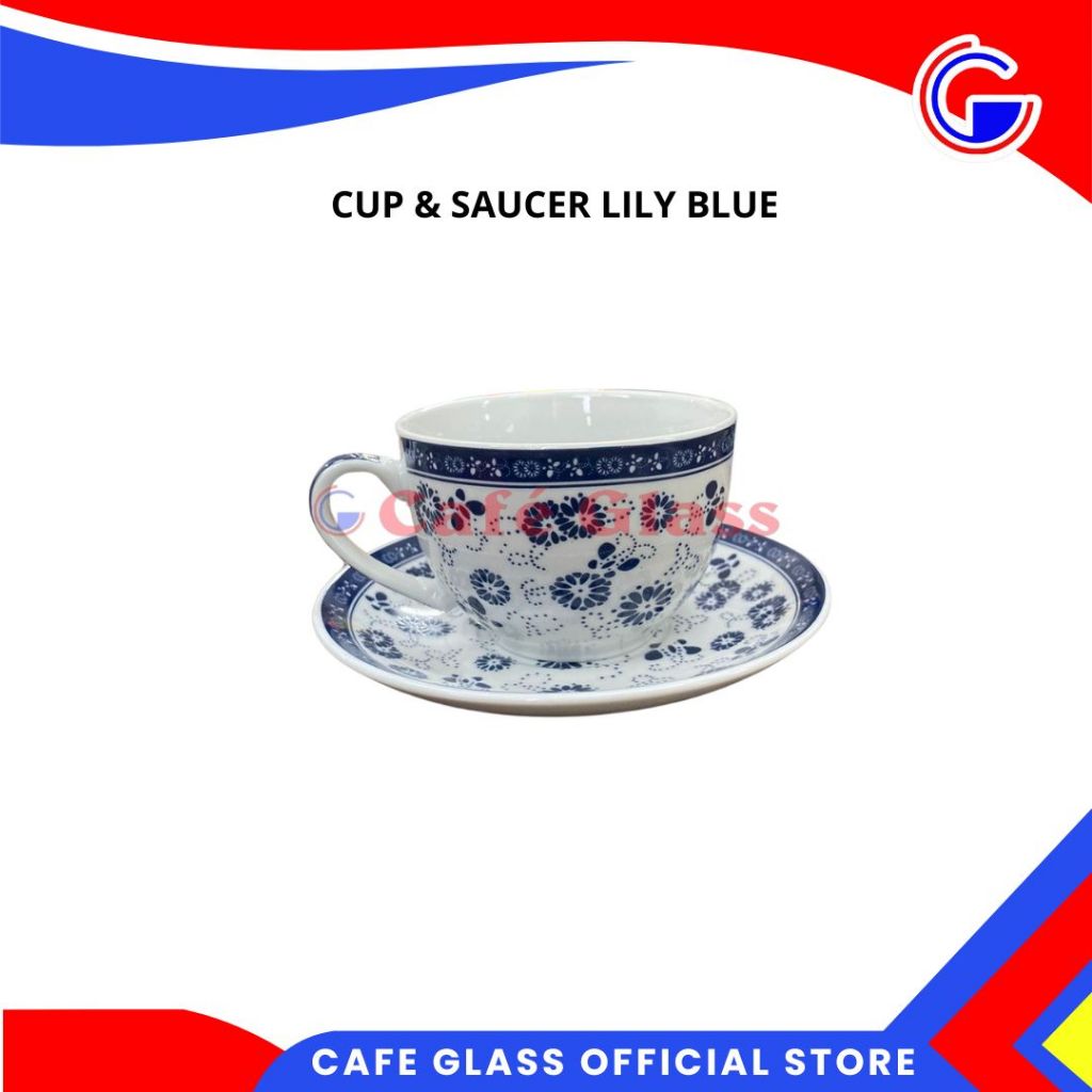 CANGKIR TEH KERAMIK + SAUCER ESTETIK - CUP SET MOTIF BUNGA BIRU LILY ELEGAN
