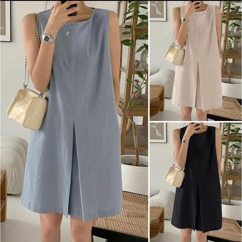 Midi Dress Kutung Dress Wanita basic Korea Tanpa Lengan Matt Linen Premium OOTD Fashion Remaja Terla
