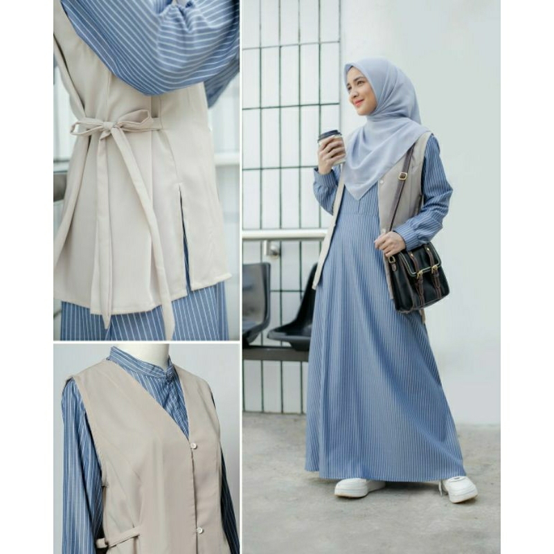 NINDA DRESS JILBRAVE | 2 IN 1 Gamis Katun Motif Garis Set Vest | Formal Dress | Office Wear