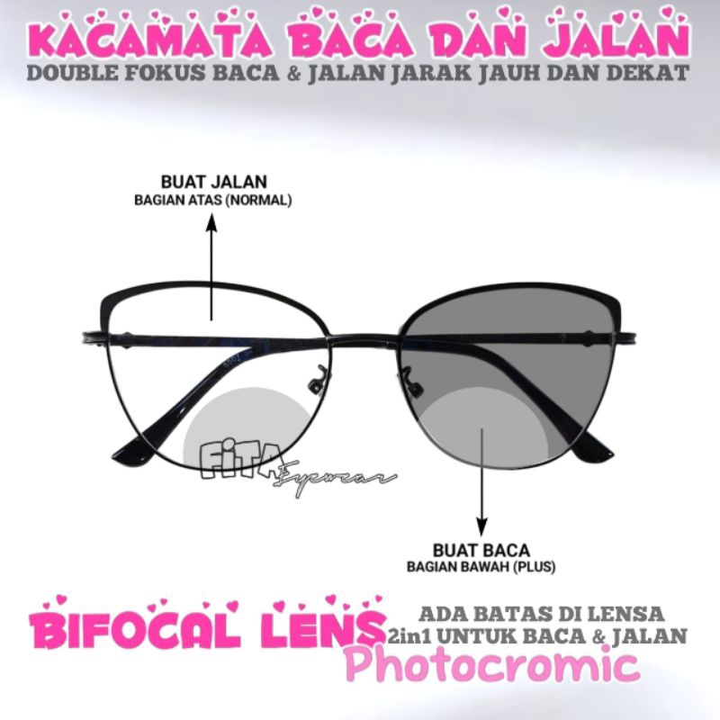 Kacamata Baca Dan Jalan Photocromic Cat eye | Kacamata Plus Baca Dan Jalan Photocromic | Kacamata Bi