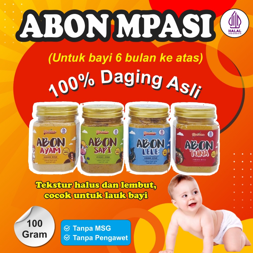 

Abon MPASI untuk Bayi varian Ayam Sapi Lele dan Tuna tekstur lembut Daging Asli Tanpa MSG Pengawet