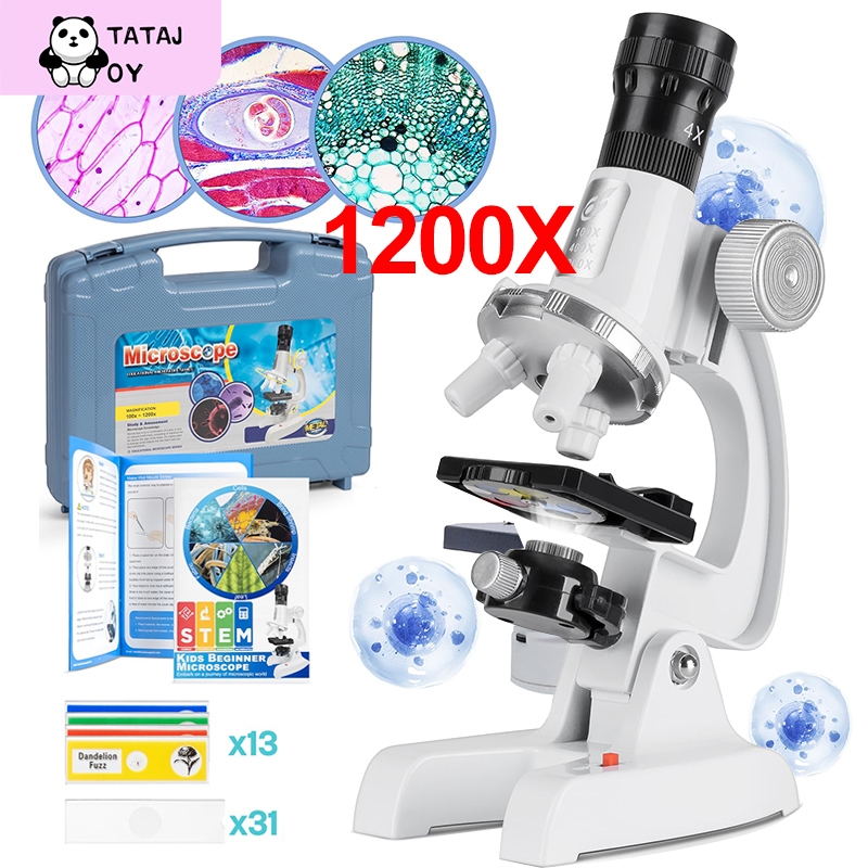 Tatajoy 1200X Mikroskop Kit 58PCS Mainan Mikroskop LED Mikroskop Biologi Kit Lab Rumah Sekolah Ilmu 
