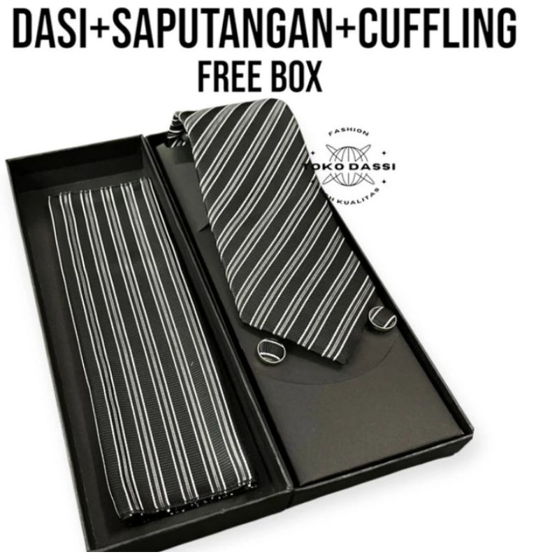 dasi pria premium motif salur 3 paket dasi premium+saputangan+cuffling hitam banyak varian warna