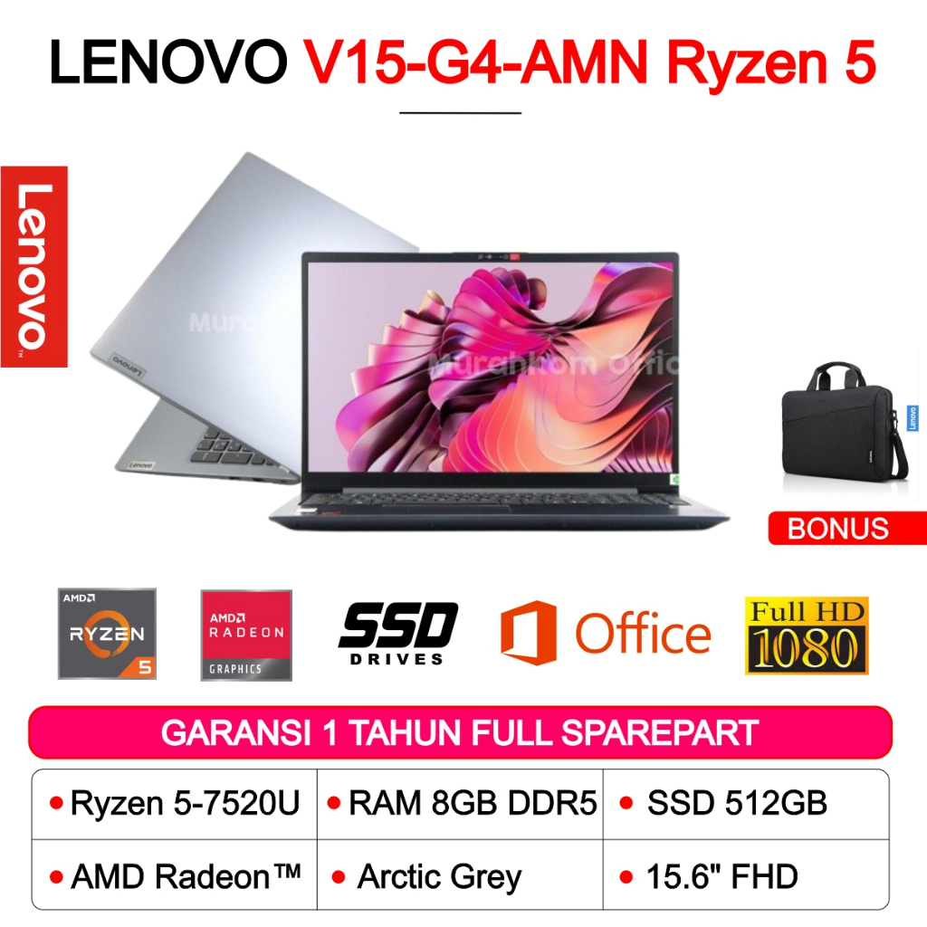 LAPTOP RYZEN 5 LENOVO V15-G4-AMN AMD RYZEN 5-7520U 8GB DDR5 SSD 512NVME LAYAR 15,6"FHD
