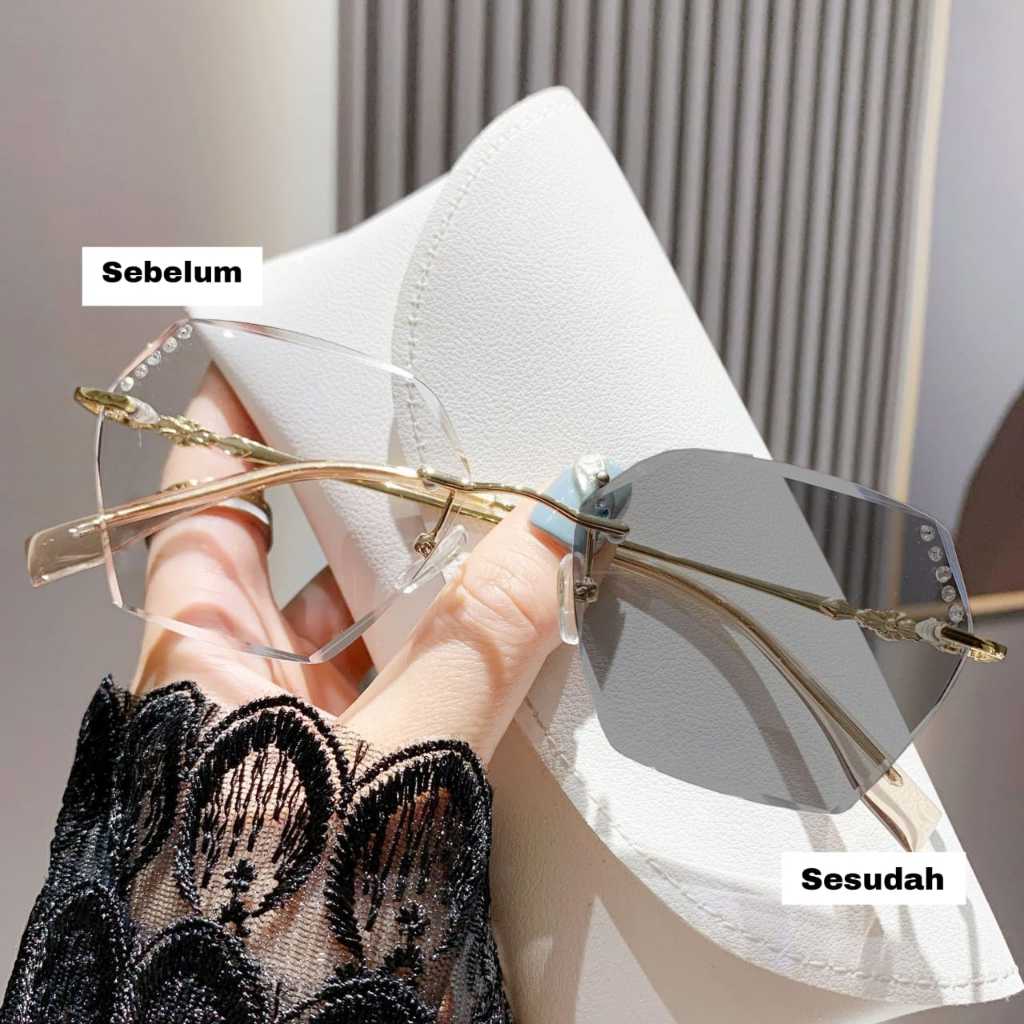 Kacamata Optik Blueray Photocromic Bluecromic Lensa Anti Radiasi Berubah Gelap Wanita Luxury Berlian