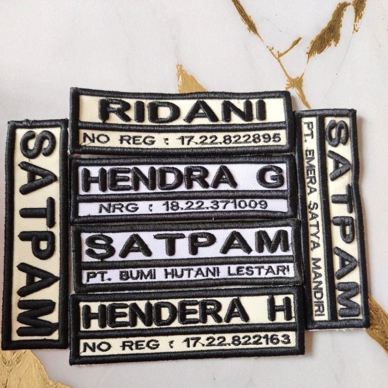 Jual Nama untuk Satpam Dasar putih dan Cream Bordir Timbul