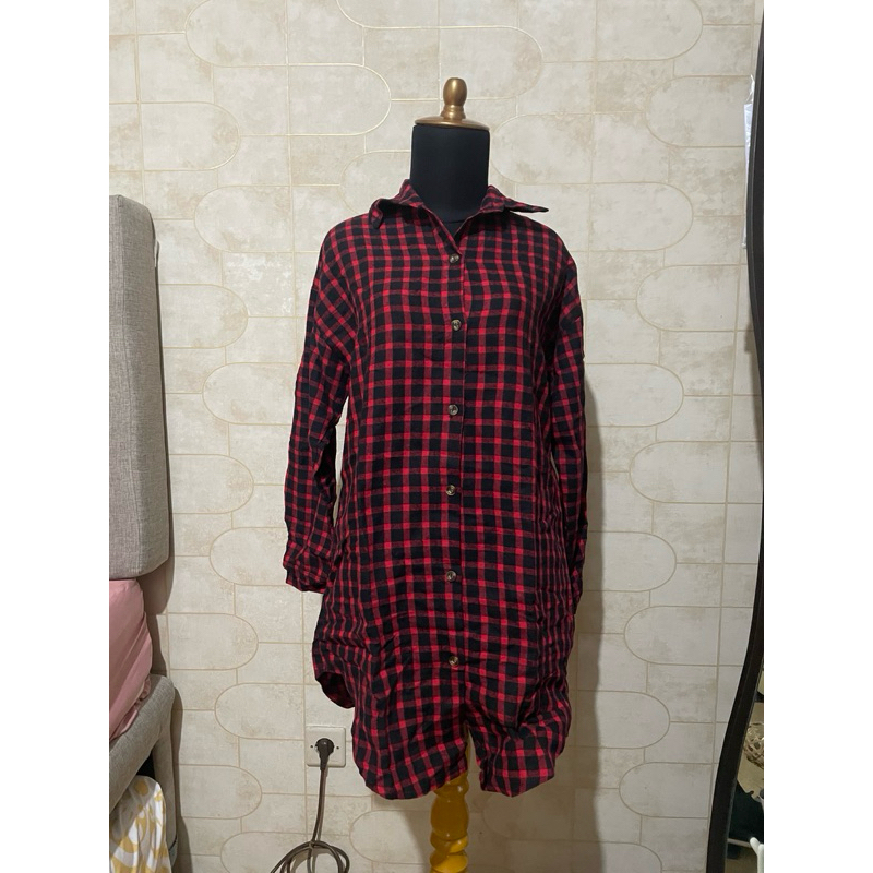 kemeja tartan merah hitam preloved second