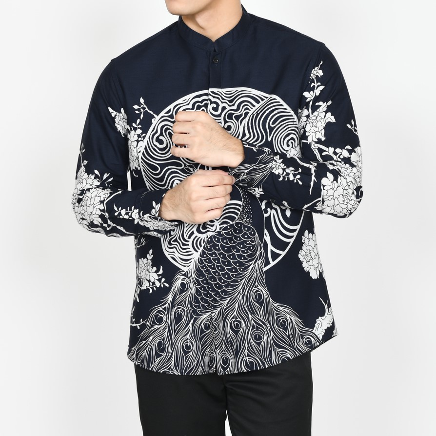 Kemeja Batik Pria Slimfit Kemeja Lengan Panjang Premium Furing Kerah Shanghai CNY IMLEK 2626 Navy