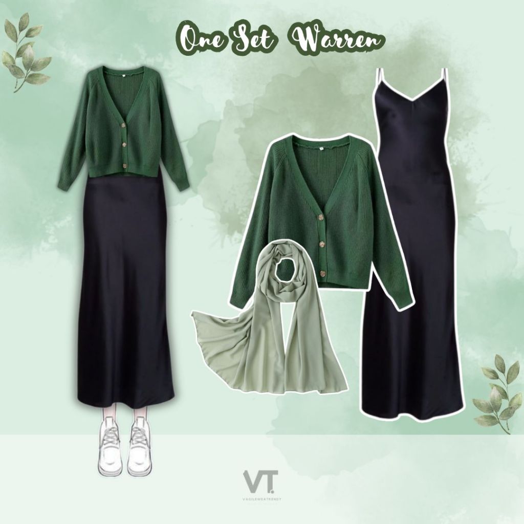 One Set Warren (Hijab, Cardigan, Longdress) OOTD Hija b Wanita Korean Style ✿ Pashmina Hijab  ✿ Oute