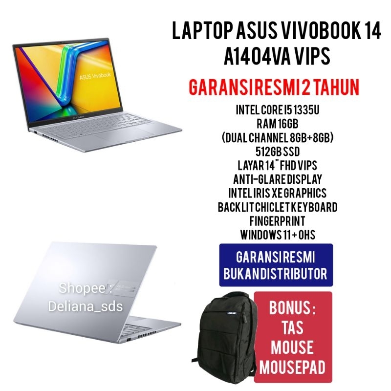 Laptop Asus A1404VA VIPS Intel Core I5 1335U 16GB/512GB Ssd 14" FHD VIPS Garansi Resmi 2 Tahun Lapto