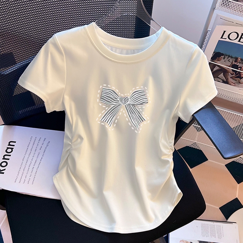 SD Atasan Seksi Modis Wanita Gaya Korea Kaus Lengan Pendek Leher Bulat Motif Pita Putih