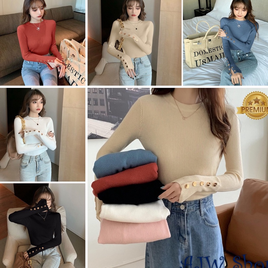 KP8 AJW Inner Rajut Lengan Panjang Kancing Gold Korean Style Import Premium XAM  Inner Lengan Panjan