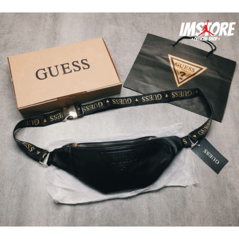 KODE N18C Waist bag GUESS Balck Gold Full set Waistbag pria Guess leather Gold Tas pinggang pria dan