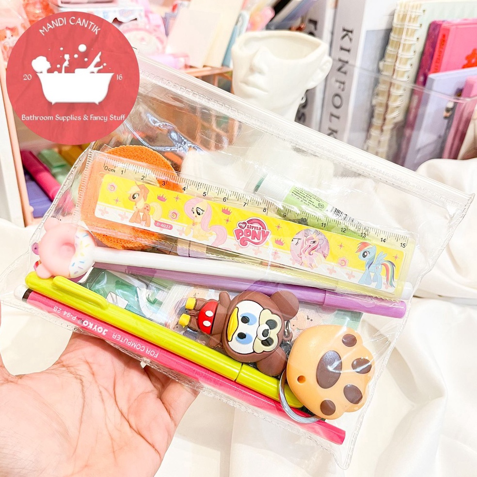 

KODE W38Y Pouch Set alat tulis sticker pensil gantungan kunci pulpen pena pensil penggaris sekolah sticky notes penjepit sticker cutter mini finger protector