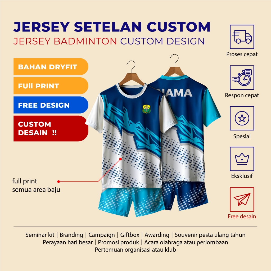Jersey badminton FULL SET custom full print / kaos custom / custom desain / full print custom