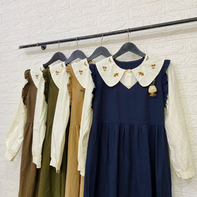 MIDI DRESS KATUN VINTAGE WANITA KOREAN STYLE