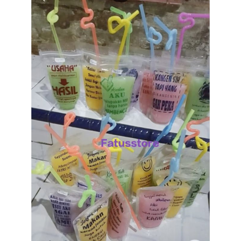 PAKET Standing Pouch SABLON 10 x 17 cm BluTop,  Selang Fanky 50 pc  Plastik Es Standing Pouch, Kuat 