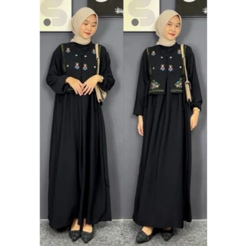 Nesya Dress Gamis Bordir Bunga Layer Depan Tali  Crinkle Airflow