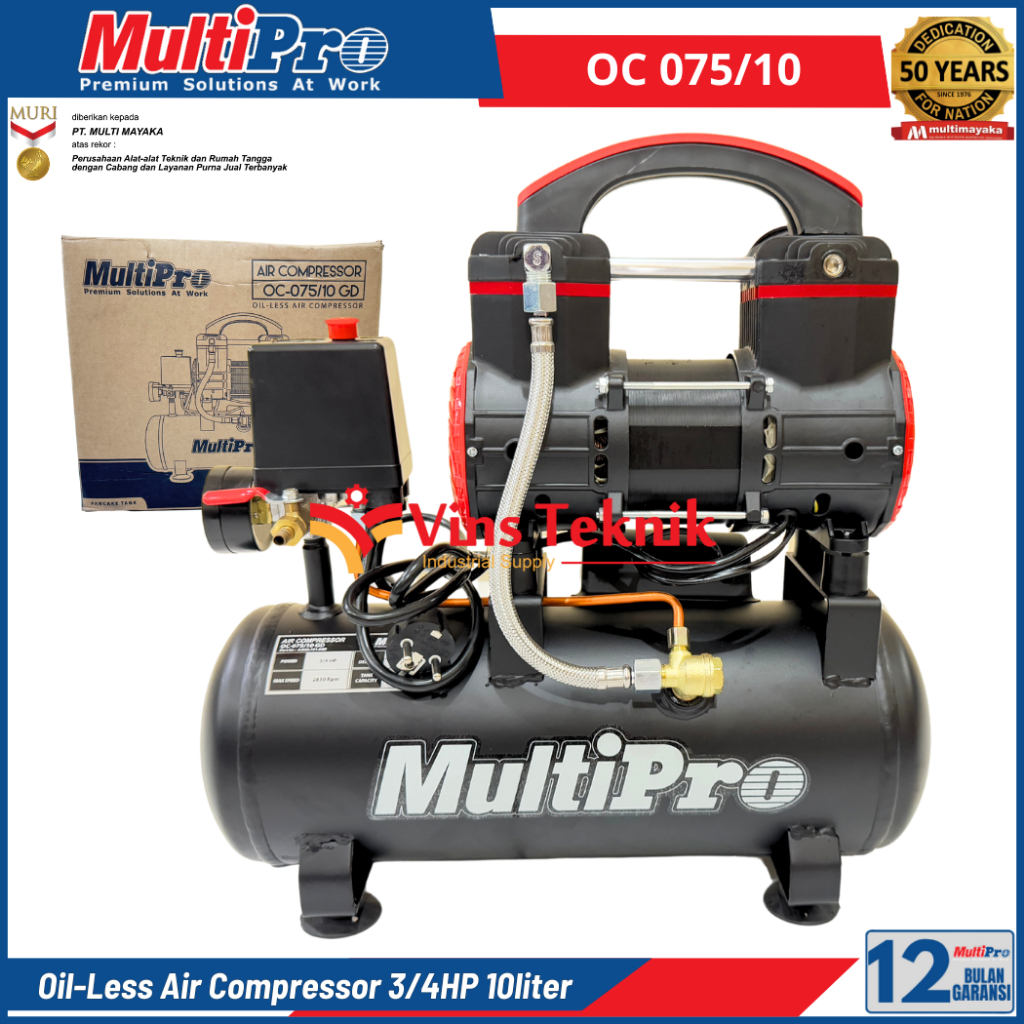 Mesin Kompresor Angin Silent Oilless Compressor 3/4HP 10Liter Multipro OC075/10 OC 075/10