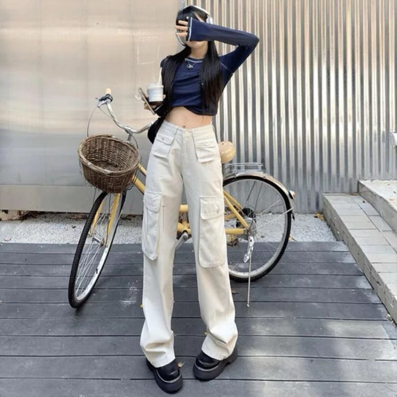Celana Cargo Jeans Wanita Highwaist Loose Pants Celana Cargo Pasir Putih Jeans Cewe