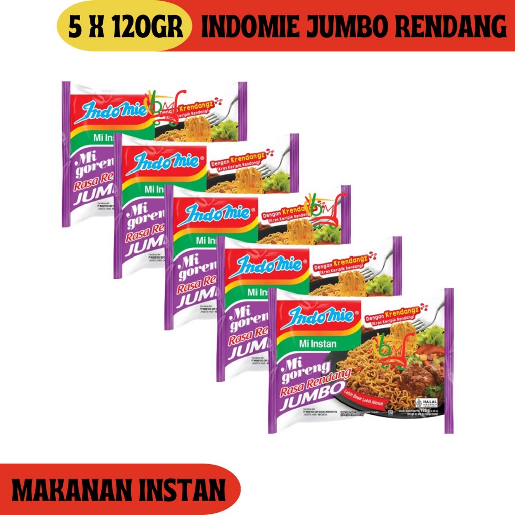 5PCS indomie Jumbo Rendang Mie Goreng Instan dengan Keripik Rendang