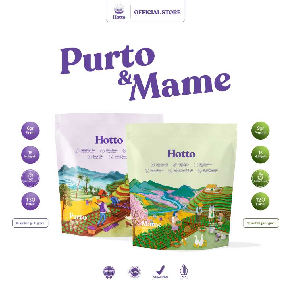 

Hotto Purto & Hotto Mame Multigrain 1 Sachet with purple potato Eceran Original Surabaya Sereal Oat