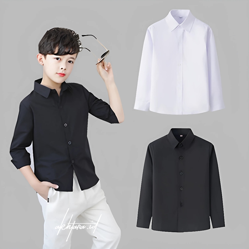 Kemeja hitam anak laki-laki polos lengan panjang / Baju Kemeja putih anak laki-laki